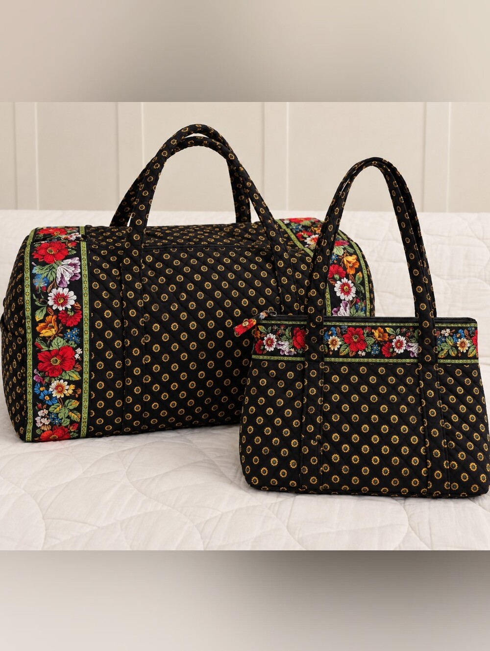 Vera Bradley Vibrant Black 2pc Travel Set Duffel & Tote Purse Retired 2007